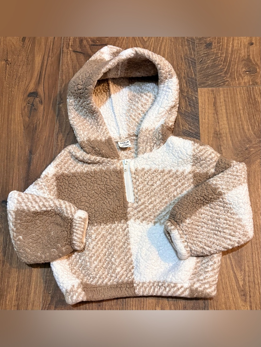 SHEIN Plush Colorblock Sherpa Hoodie - Cream & Tan
